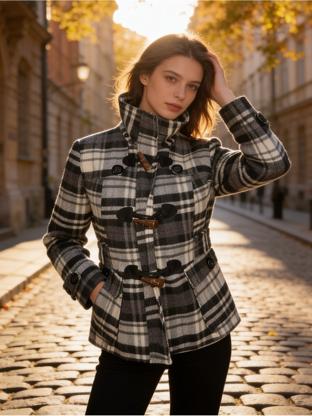 Hydraulic Pea Coat, Size SM paddington buttons, purple & black plaid, wool blend